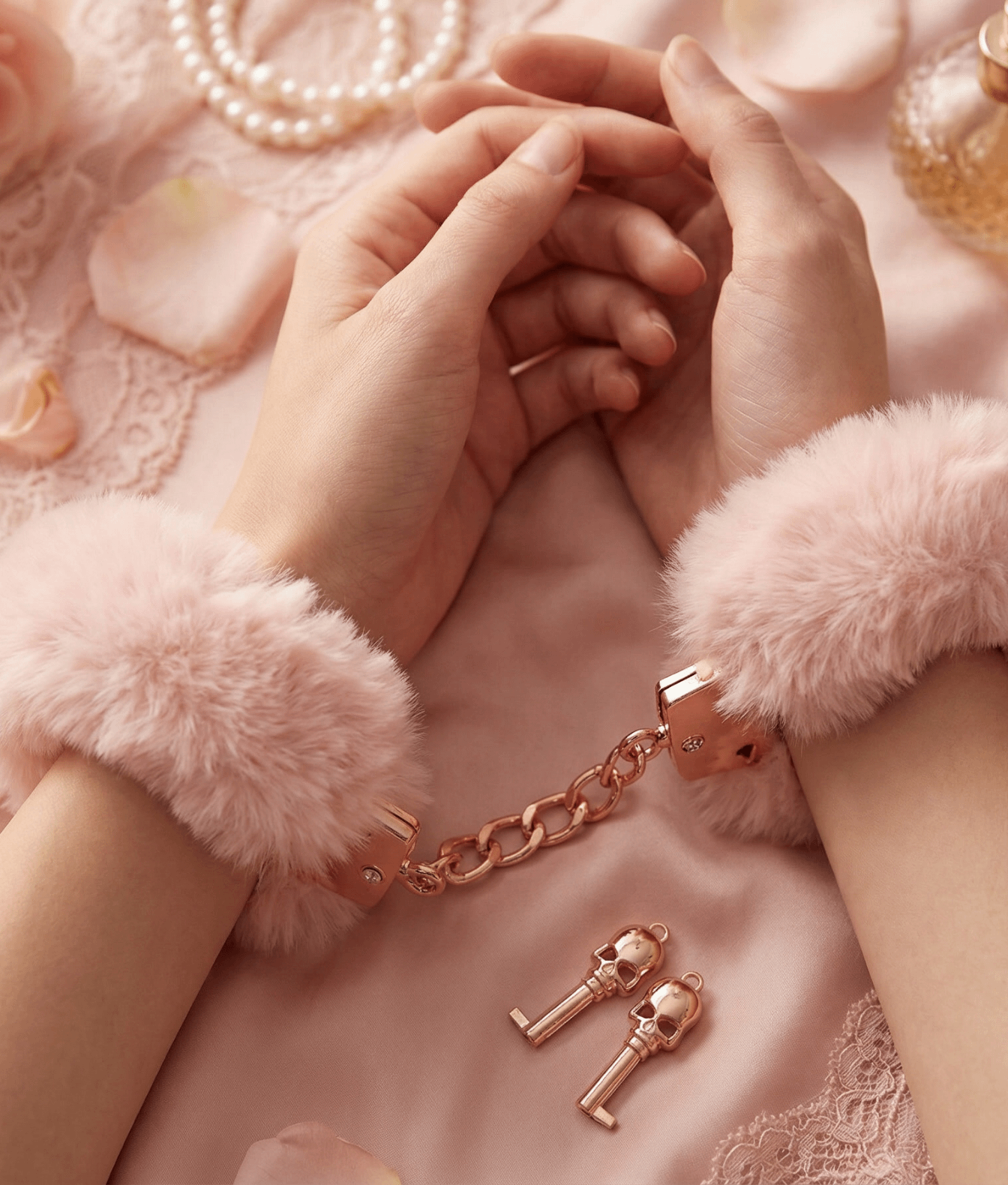 Mr. & Mrs. Pluszowe kajdanki z kluczykami pudrowe